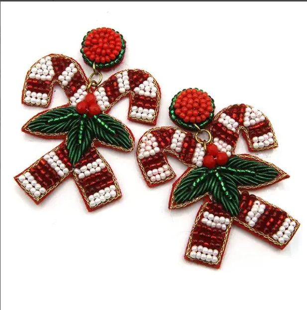 Beaded Candy Cane & Mistletoe Christmas Earrings