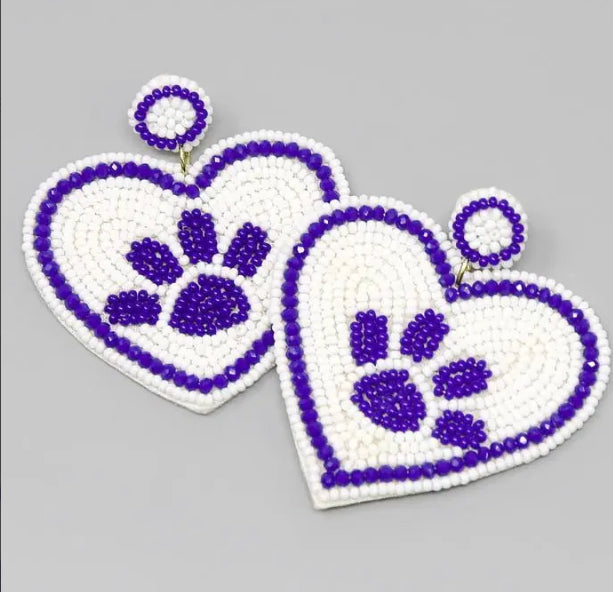Beaded Purple Paw Heart Earrings