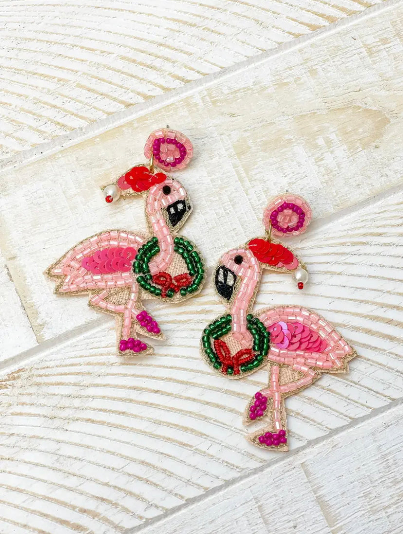 Christmas Flamingo Beaded Earrings